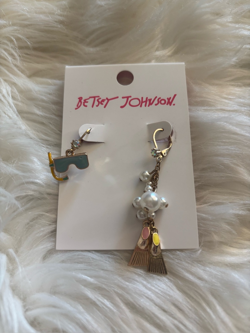 Betsey Johnson Blue, Gold, Pink and Yellow Asymmetrical Charm Drop Earrings